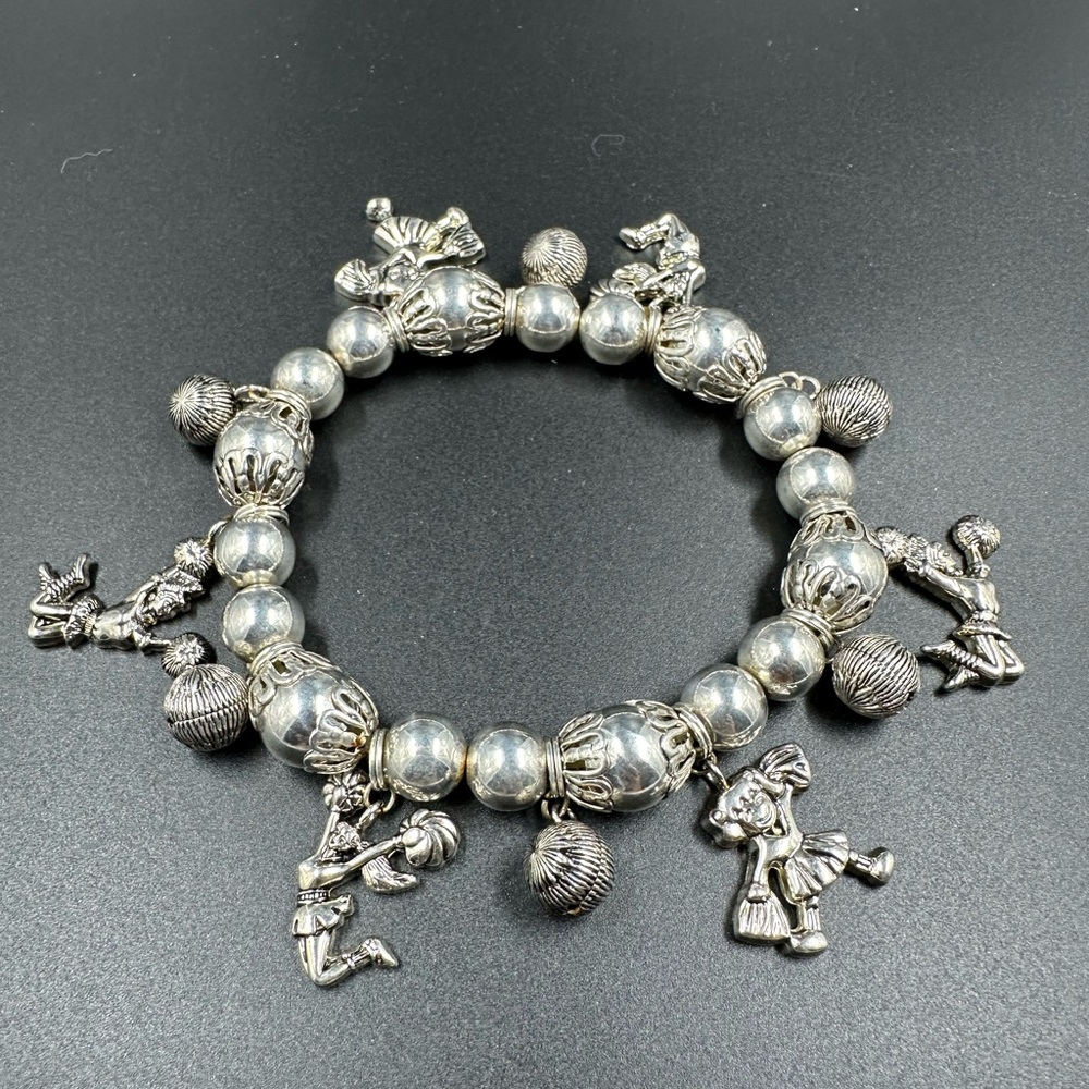 Best Signed Vintage Silver Cheer Leader Ornate Beaded stretch Charm Bracelet